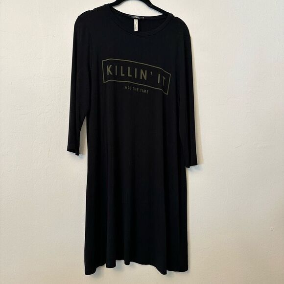 Final Touch Killin' It Print Rayon Modal 3/4 Sleeve Black Shift Dress Size Large - Picture 1 of 6